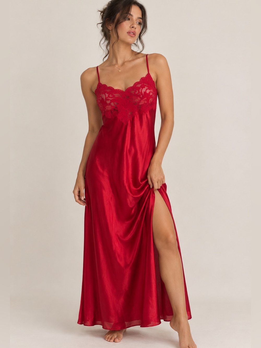 Vintage 90s Victoria’s Secret Red Satin Lace Maxi Slip Dress Size L